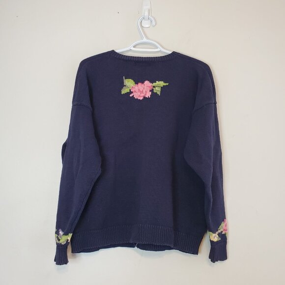 Vintage 90s Flower Knit Cardigan Sweater Blue Size XL - Picture 2 of 5